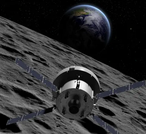 NASA Artist impression of a small spacecraft with four solar panels making a X shape around it, flying above the lunar surface with the Earth in the background. 