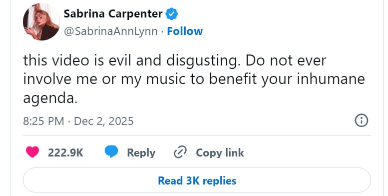 Sabrina Carpenter speaks out on evil video